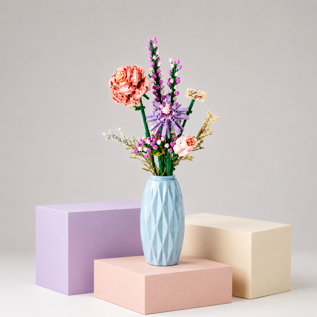 Lavender Rose Flower Bouquet Building Block Set with Vase (303 Pcs