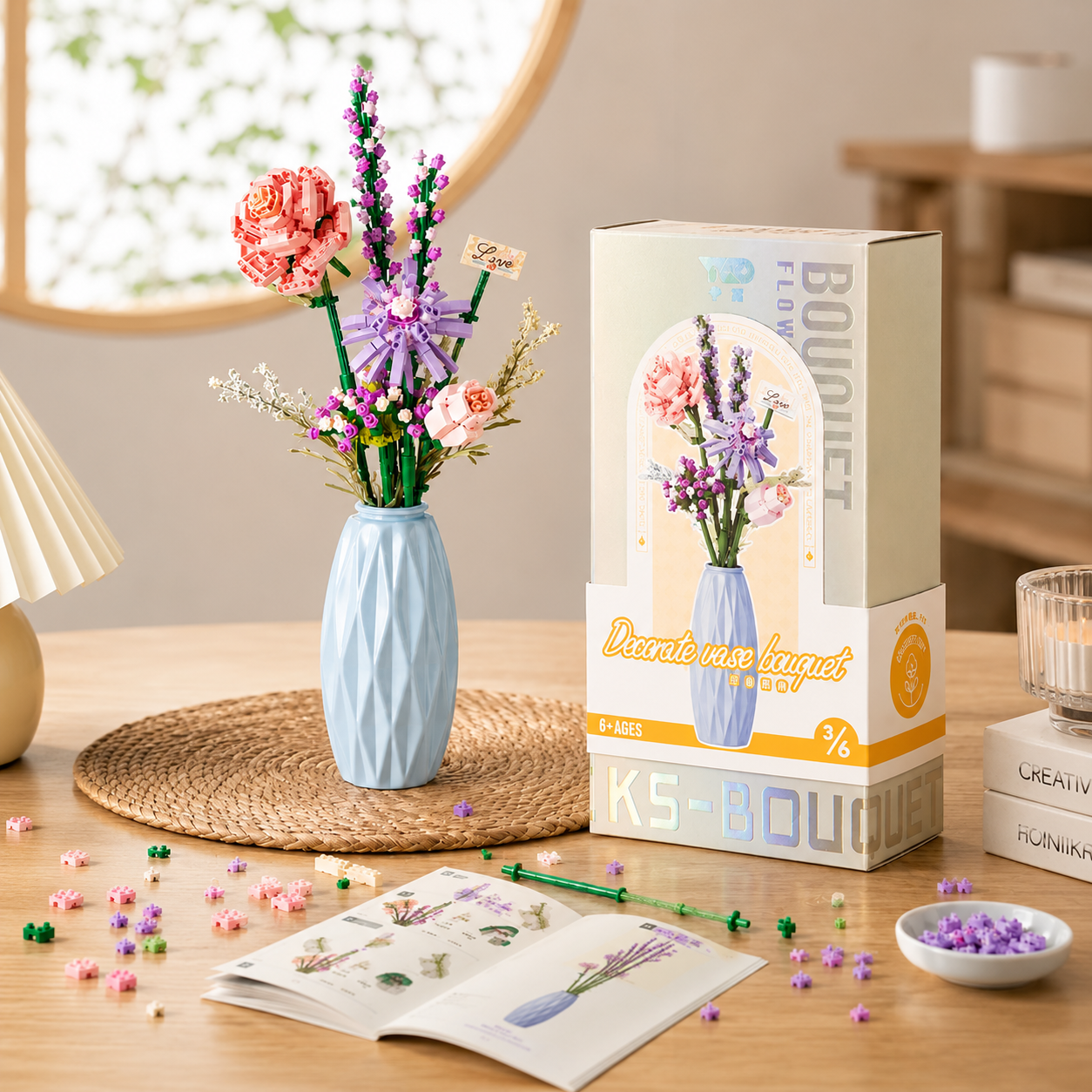 Lavender Rose Flower Bouquet Building Block Set with Vase (303 Pcs